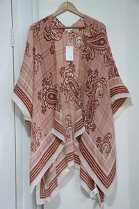 NEW Seed Heritage Open Kimono Cape Shawl OS Clay Orange Paisley Print Pleated - Picture 1 of 14