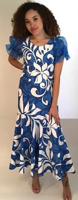 Vintage Dress Women's Medium Blue & White Tropical Floral Cotton Peplum Dress  - Image 1 of 4