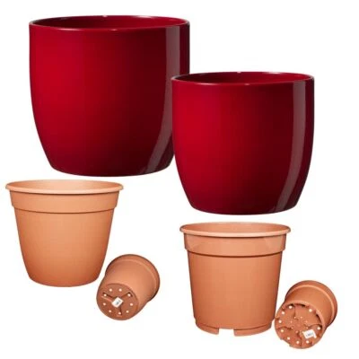 Set - Übertopf Basel + Kunststoffpflanztopf - Bordeaux - Bild 1 von 4