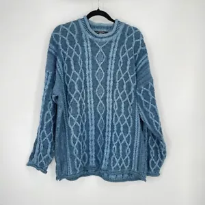 Bosie/Hartley Blue Mogganer Of Scotland Long Sleeve Cablenknit Chunky Sweater L - Picture 1 of 9
