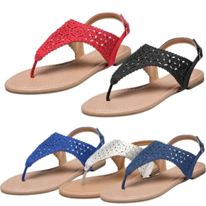 Women T-Strap Rhinestone Casual Wear Cut Out Thong Flat Sandals - Picture 1 of 45