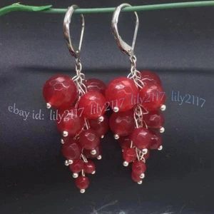 Natural Red Jade Faceted Gemstone Round Beads Cluster Grape Dangle Earrings - Picture 1 of 6