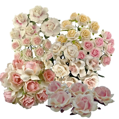 60 Mixed White Cream Pink Roses Paper Flower Wedding Scrapbook (TH/Mar-77P-65p) - Image 1 of 4