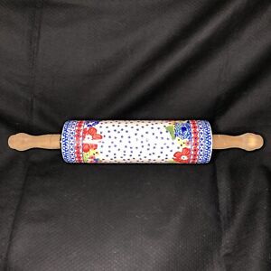 Pioneer Woman Dazzling Dahlias 18.4” Rolling Pin Red Blue White Floral Ceramic
