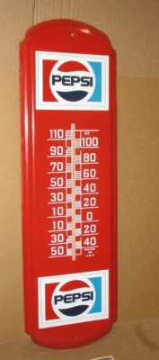 PEPSI - Pepsi-Cola -BIG VINTAGE THERMOMETER SIGN -Two Logos - RED & WHITE & BLUE - Image 1 of 4