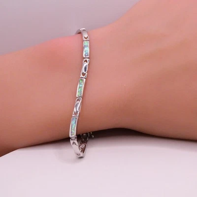 Brazalete de plata de ley 925 con ópalo de fuego de laboratorio tenis de 7,5" para mujer  Foto 1 de 4