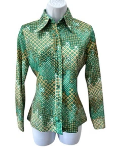 Vintage 70s Novelty Print Blouse S Green Gold Abstract Geometric Jersey Knit - Picture 1 of 6