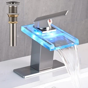 LED Waschtischarmatur, Nickel gebürstet Wasserfall Einloch mit Pop Up Ablauf - Bild 1 von 3