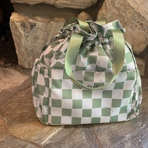 Lunch Tote - Fit + Fresh Green And White Squares Insulated Cinch Lunch Bag Tall - Picture 1 of 14