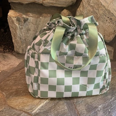 Lunch Tote - Fit + Fresh Green And White Squares Insulated Cinch Lunch Bag Tall - Image 1 of 4