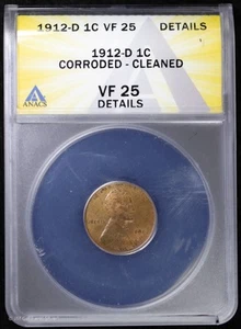 1912 D 1C Lincoln Wheat Cent ANACS VF 25 Details - Picture 1 of 4