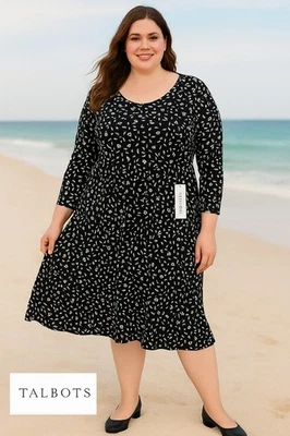 NWT Talbots Women’s 16 Black White Floral Midi Dress 3/4 Sleeve Lined NWT - Image 1 of 4