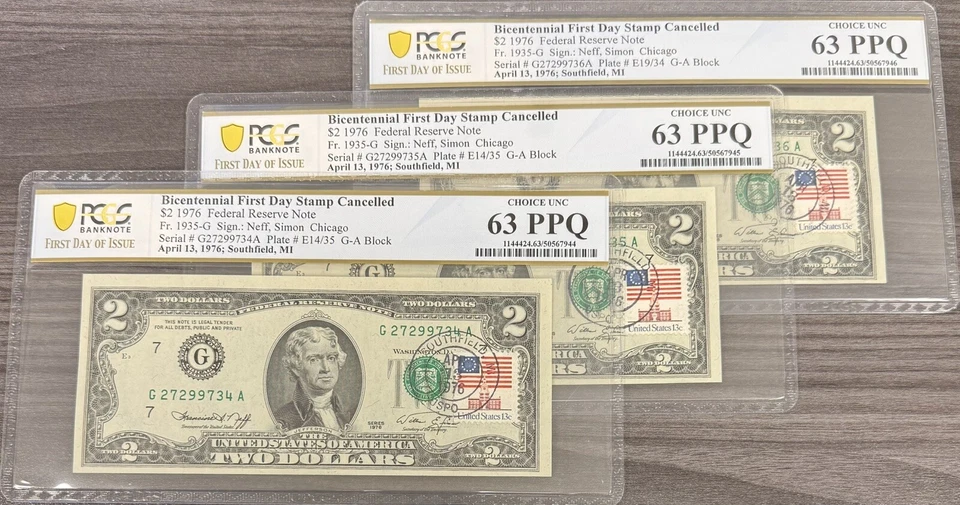 1976 $2 Two Dollar Bill - Stamped 4/13/1976 PCGS 63 PPQ FDOI 3 Consecutive SN V1 - Image 1 of 1
