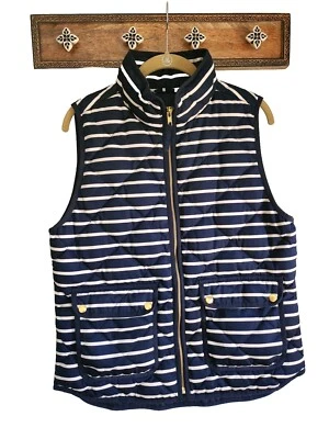 J CREW Women Navy Blue Striped Quilted Puffer Vest SIZE M - Image 1 of 3