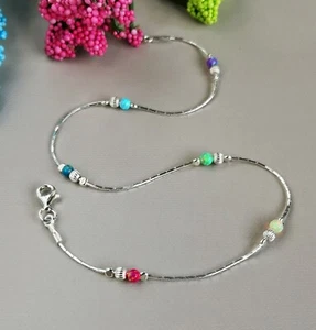 Pulsera de tobillo de plata esterlina 925 multicolor ópalo de tobillo piedra de nacimiento  - Imagen 1 de 7