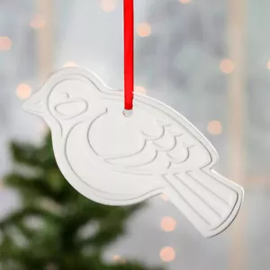 Unfertiger Keramik Weihnachtsschmuck - Wintervogel mit rotem Band Aufhänger - Bild 1 von 3
