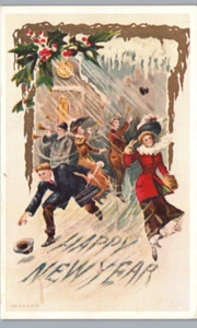 Feliz Año Nuevo Postal Escena Tormenta de Nieve Trompetas Sombreros Volando Postal de Colección - Imagen 1 de 2