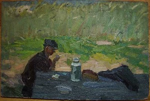 Ukrainian Soviet Oil Painting figure man Impressionism rural lunch yield - Picture 1 of 8
