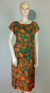 VESTIDO MIDI CENA A MEDIDA ESTAMPADO FLORAL VERDE Y NARANJA ÓXIDO ANTI AÑOS 50 VINTAGE 12 - Imagen 1 de 9