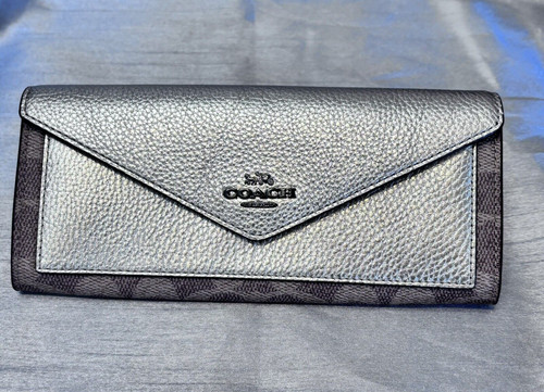 Coach Colorblock Signature Portafoglio Morbido TAN PLATINUM Pelle Tela NUOVO 40040