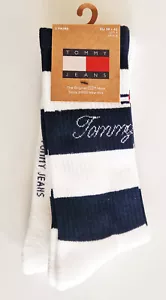 Tommy Jeans Socks Mens 2 Pairs Sports Crew Rugby Stripe White Navy Genuine New - Picture 1 of 4