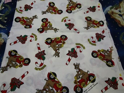 1+ yrds of vintage motorcycle riding rudolph cotton fabric 70"x60" - Image 1 of 3