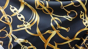 100% Silk Fabric Luxury Gold Chain print Black satin Silk Made in Korea 44" - Picture 1 of 1