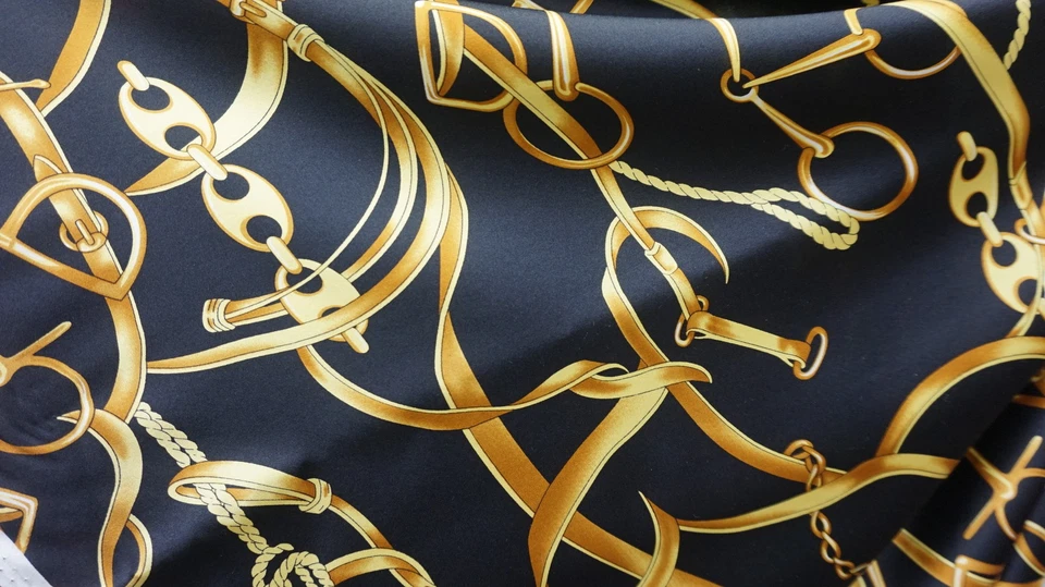 100% Silk Fabric Luxury Gold Chain print Black satin Silk Made in Korea 44" - Image 1 of 1