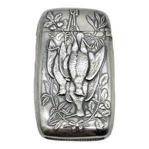 Cassaforte fiammiferi da caccia STERLING R. WALLACE & SONS con gioco uccellini repoussé - Foto 1 di 12