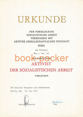 Original DDR-Urkunde: AKTIVIST DER SOZIALISTISCHEN ARBEIT (1973) • 6.45€