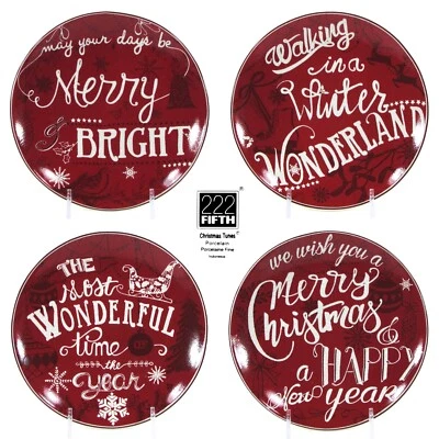 222 Fifth CHRISTMAS TUNES 6.25" Appetizer Plate Set 4Pc Red White Mint - Image 1 of 4