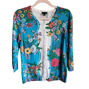 Talbots Pullover Damen blau weiß bunt Medium Blumen Cardigan 3/4 Arm NEU - Bild 1 von 9