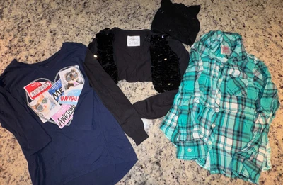 4 Piece Lot ~ Girls Size 8 ~ Justice Lot, Two Long Sleeve Tops, Sequin Sweater - Image 1 of 4