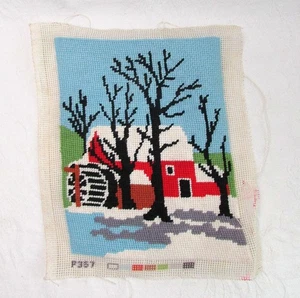 Vintage Needlepoint Winter Red Barn Country Cottage Core Wall Art 10 x 8" - Picture 1 of 2