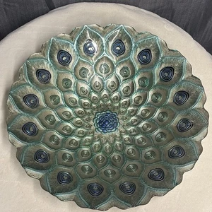 Hand Painted Iridescent Peacock Feather Glass Bowl Decorative Centerpiece - Picture 1 of 4