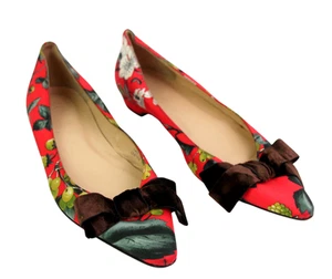 J. CREW MULTICOLOR RED FABRIC BOW FLAT POINTED TOE BALLET SLIP ON SHOES Sz 7.5 - Picture 1 of 10