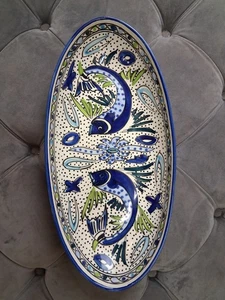 Le Souk Tunesien Keramik handbemalt blau bunt Fisch ovale Platte Schale 16x7" - Bild 1 von 4