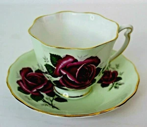 Vintage Colclough Pink Cabbage Rose On Pale Green 1940's Tea Cup and Saucer - Picture 1 of 7