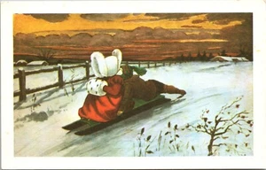 Children sledding in the snow ART CHROME POSTCARD D1 - Picture 1 of 2