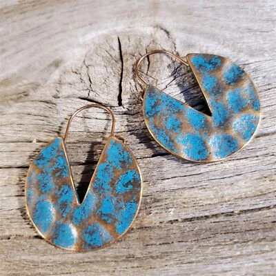 Antique Copper Verdigris Hammered Round Circle Cutout Slice Patina Earrings - Image 1 of 4