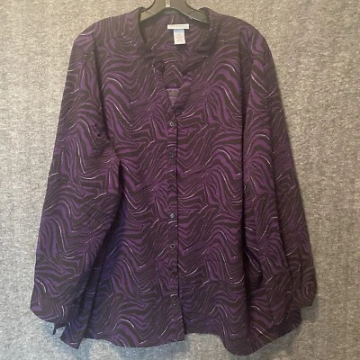 Blusa Maggie Barnes Catherines Top Mujer 2X 22/24W Negra Púrpura Texturizada Botones Foto 1 de 4