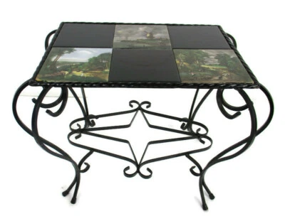 Mesa auxiliar vintage soporte para plantas azulejos de cerámica patas de hierro forjado escenas de vida agrícola Foto 1 de 4