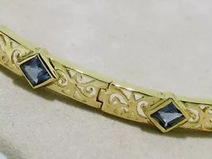 B082 Genuine 9K Yellow GOLD Natural Sapphire Line Bangle Bracelet 18.2cm - 7inch - Foto 1 di 3