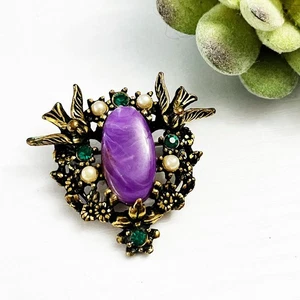 Antique Victorian Birds with Purple Charoite Stone Small Brooch - Picture 1 of 6
