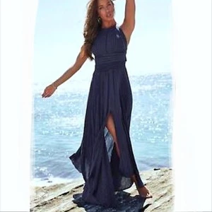 Jaase Endless Summer Gauze Maxi Halter Dress M Blue Gold Boho Goddess Hippie NEW - Picture 1 of 14
