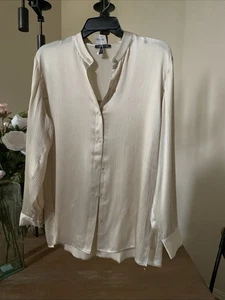 NUEVO CON ETIQUETAS Camisa Eileen Fisher Almendra Rayada Seda Satén Cuello Mandarina Talla Xs - Imagen 1 de 11