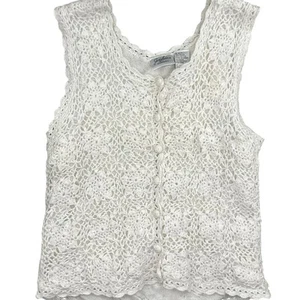Vintage weiß Häkel Spitze Tank Weste Knopfleiste Cottagecore 90er Damen klein - Bild 1 von 5