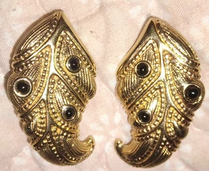 Vintage Swarovski Kristalle goldfarben schwarz Paisley Wirbel Blatt Feder Clip-On Ohrring - Bild 1 von 4