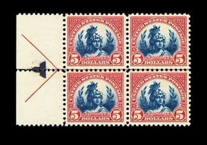 US #573; $5 Carmine & Blue "AMERICA", XF-OG-NH LEFT ARROW BLOCK OF 4, CV $720 - Picture 1 of 2