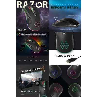 PC Gaming Mouse Rainbow RGB LED USB Wired 8 Buttons 800-6400DPI Razor Rapid Fire - Image 1 of 4